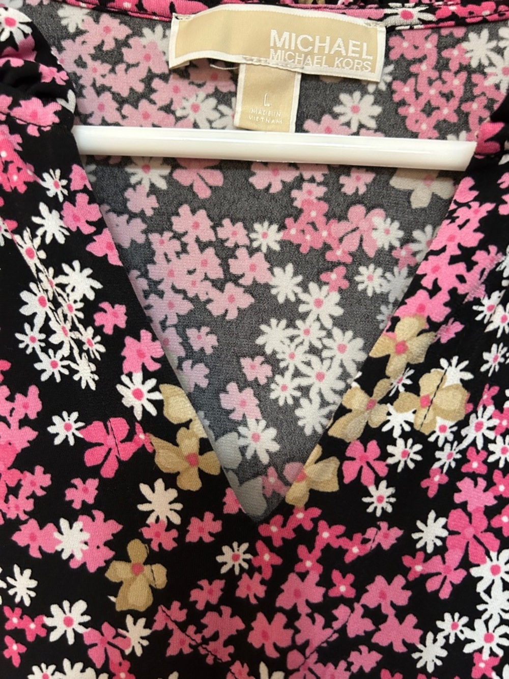 Michael Kors Black Midi Dress with Pink & White Floral Print EUC Size Large - Picture 4 of 6